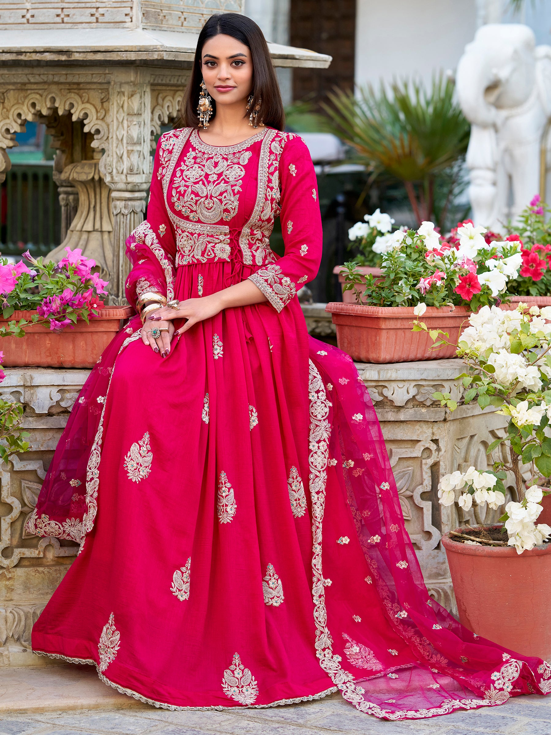 Wonderful Pink Thread Work Silk Eid Special Gown With Dupatta