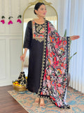 Alluring Black Sequins Chanderi Festive Wear Pant Suit With Printed Dupatta