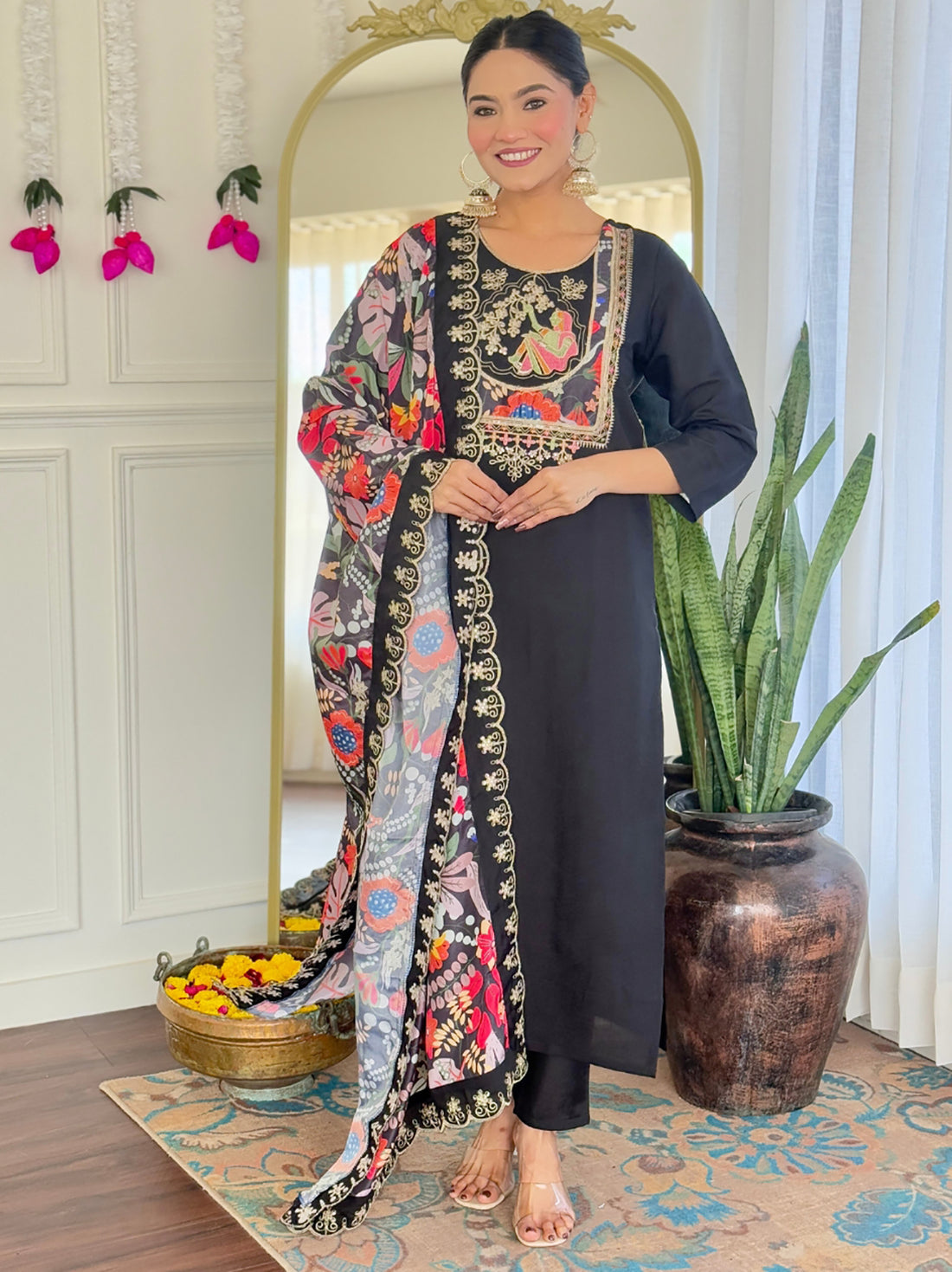 Alluring Black Sequins Chanderi Festive Wear Pant Suit With Printed Dupatta