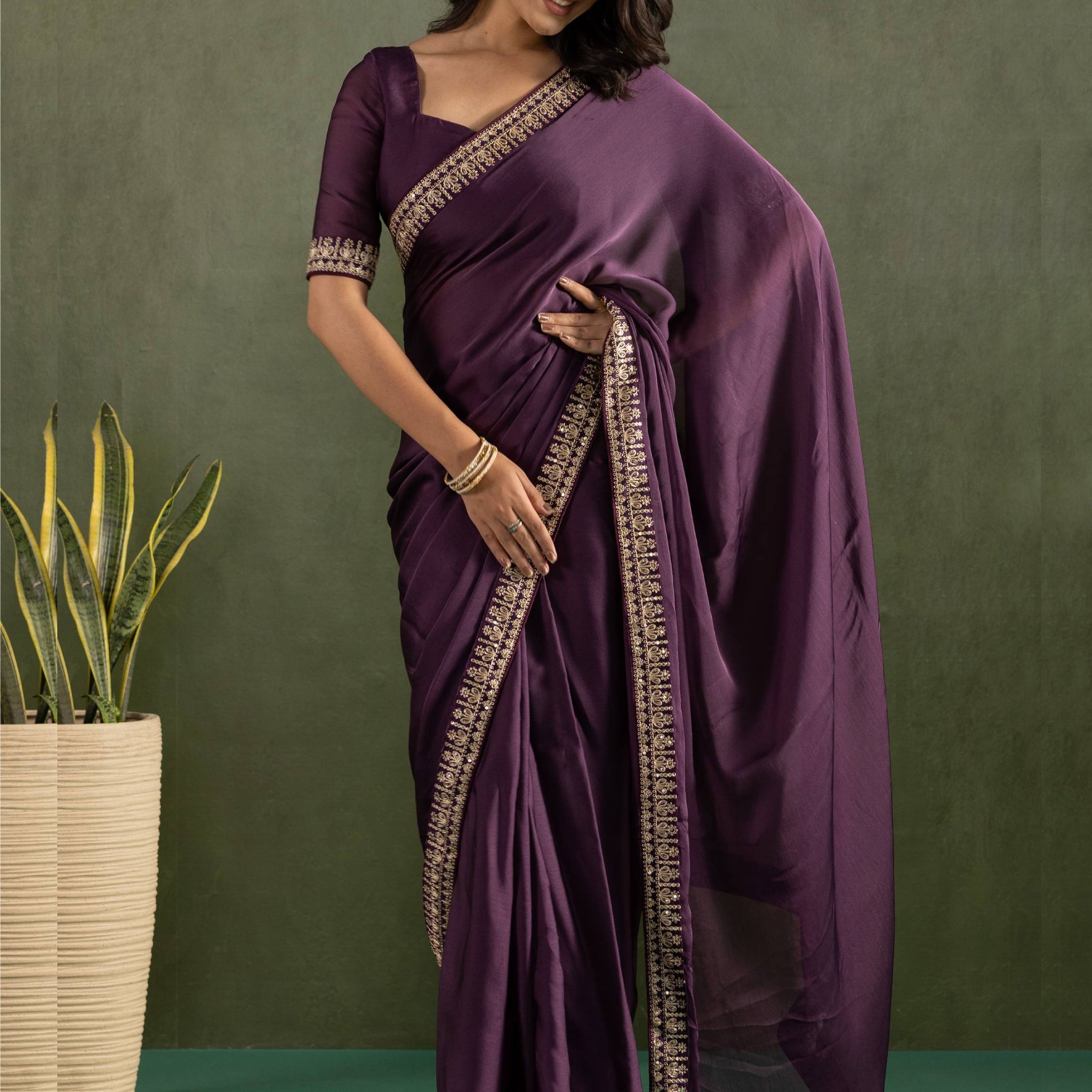 Refreshing Purple Border Work Chiffon Festive Wear Pre-Stitched Saree