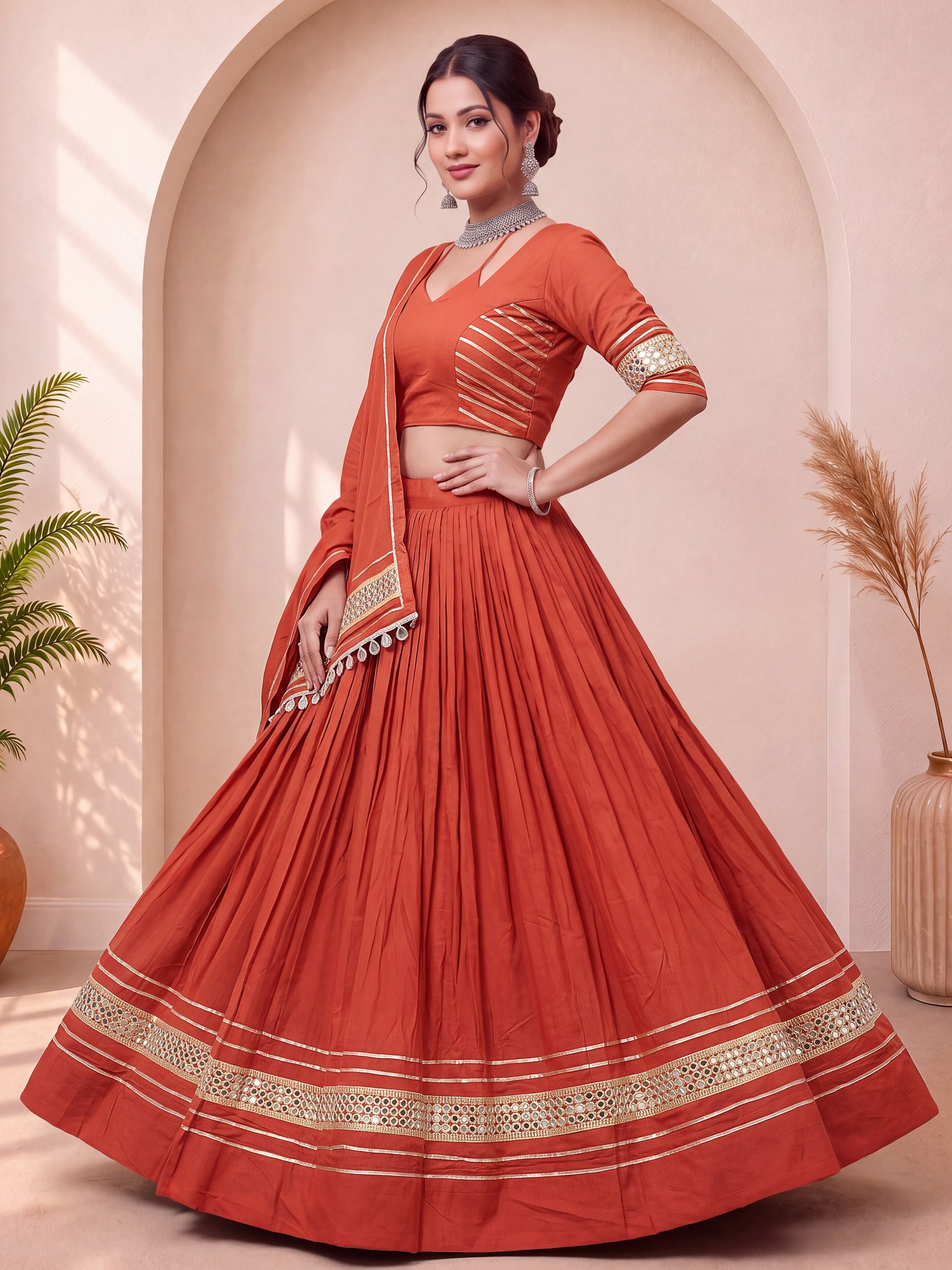Great Rust Gota Patti Cotton Navratri Wear Lehenga Choli With Dupatta