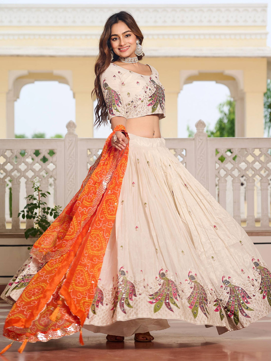 Pretty Off-White Thread Work Tissue Silk Traditional Lehenga Choli With Orange Dupatta