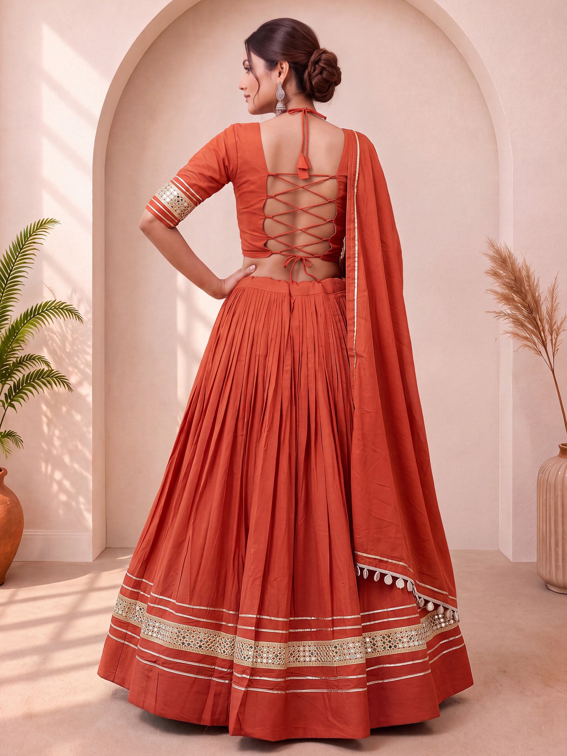 Great Rust Gota Patti Cotton Navratri Wear Lehenga Choli With Dupatta
