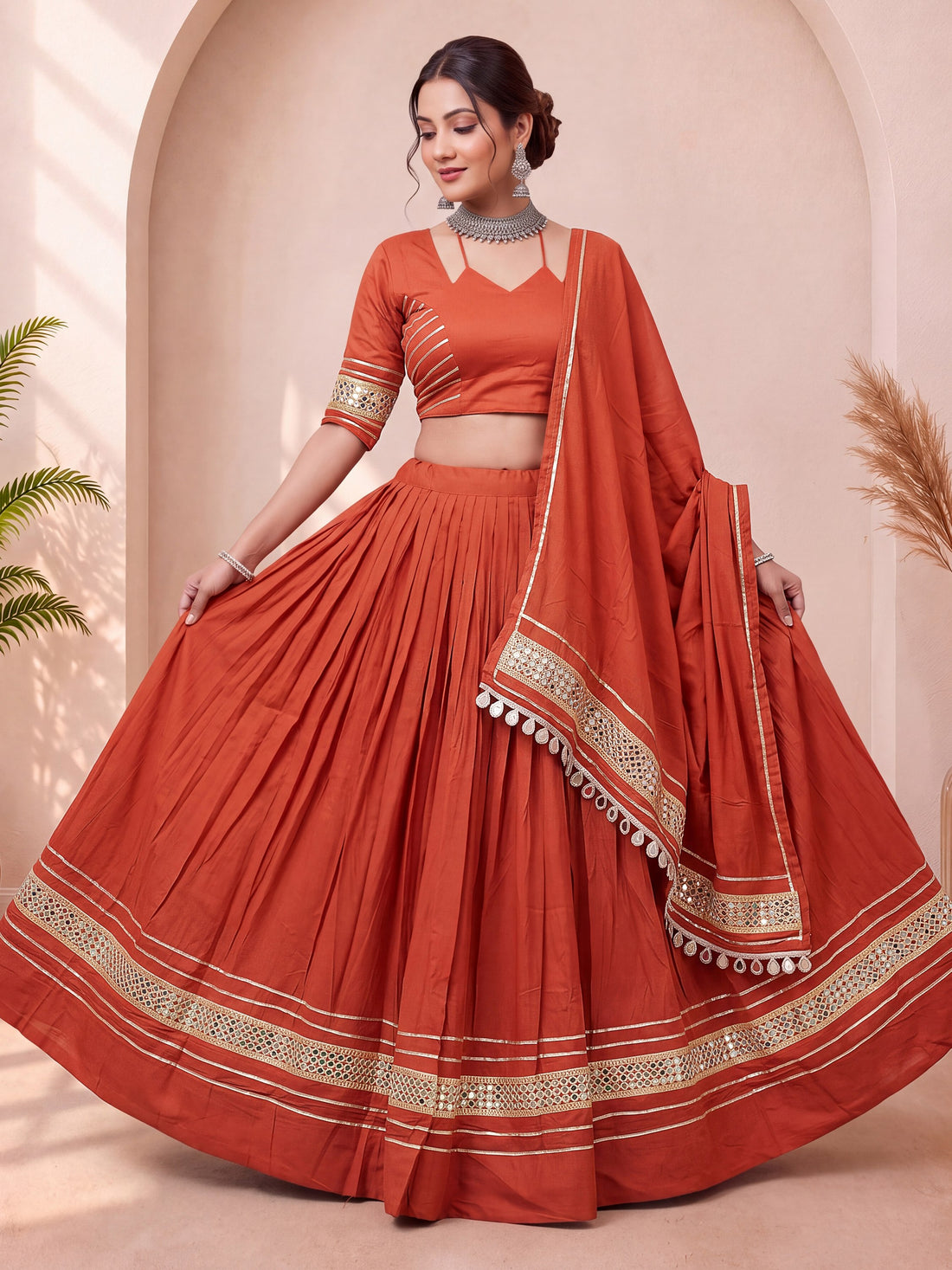 Great Rust Gota Patti Cotton Navratri Wear Lehenga Choli With Dupatta