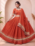 Great Rust Gota Patti Cotton Navratri Wear Lehenga Choli With Dupatta