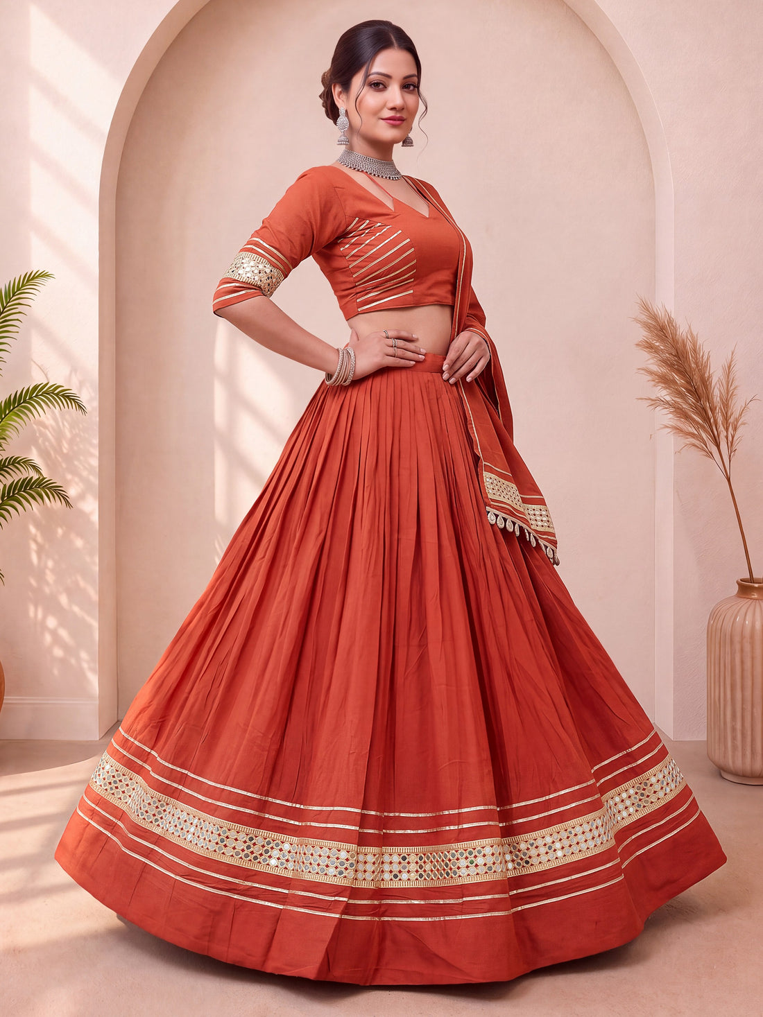 Great Rust Gota Patti Cotton Navratri Wear Lehenga Choli With Dupatta