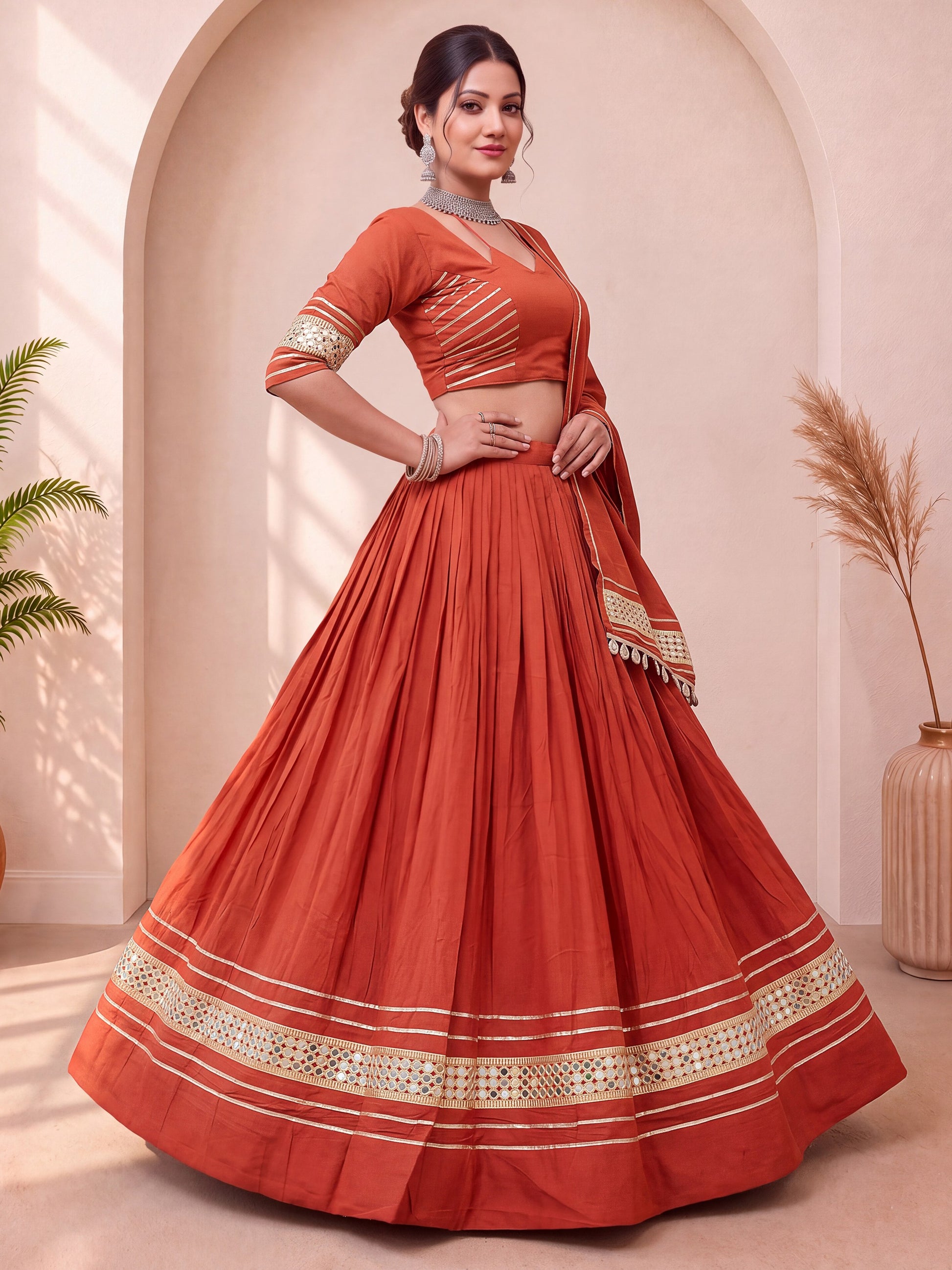 Great Rust Gota Patti Cotton Navratri Wear Lehenga Choli With Dupatta