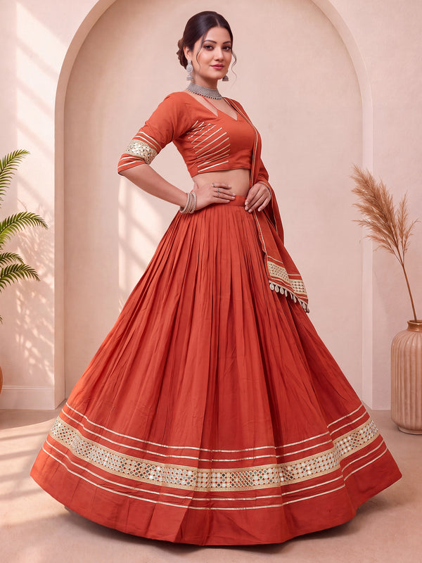 Great Rust Gota Patti Cotton Navratri Wear Lehenga Choli With Dupatta
