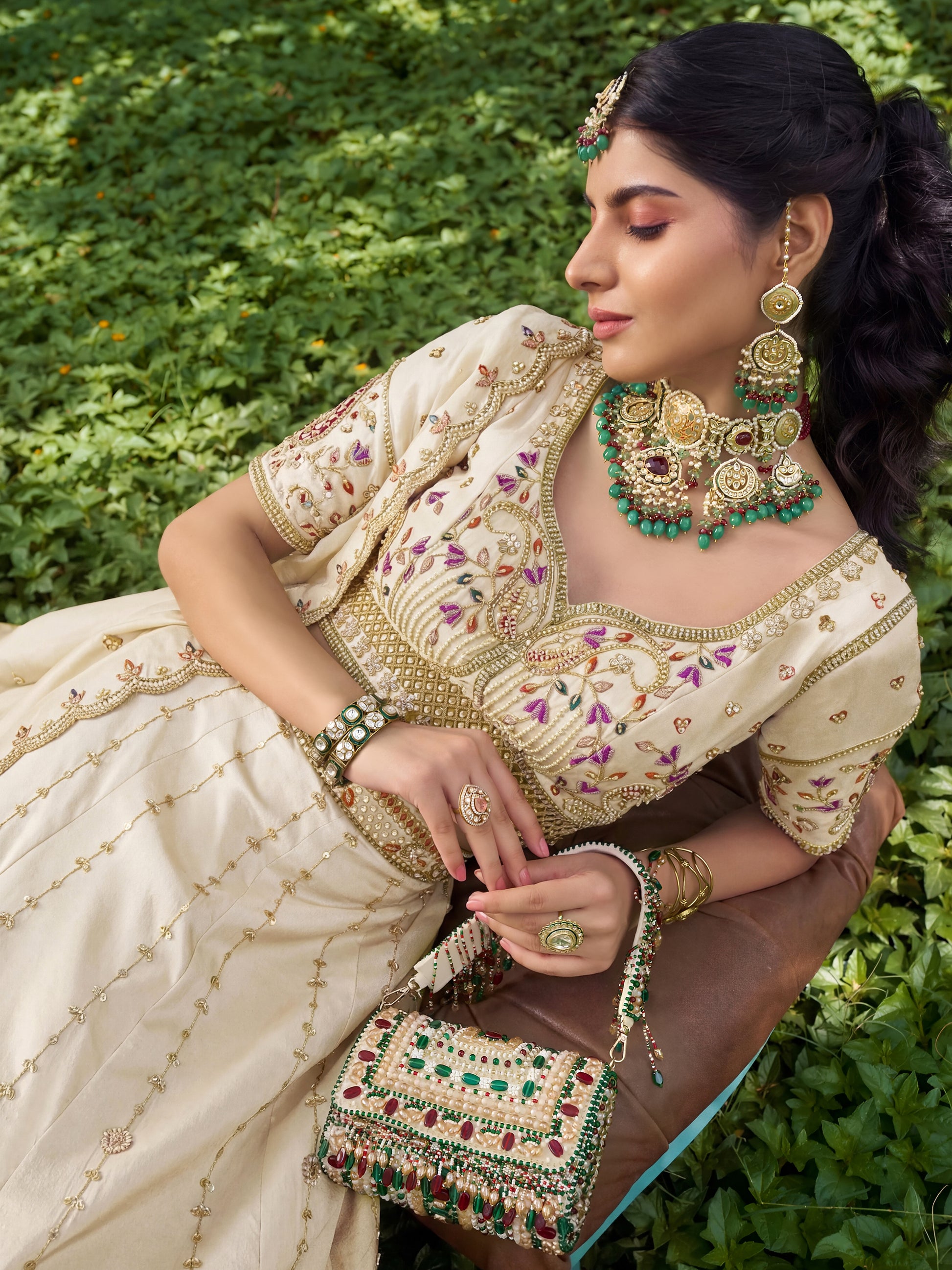 Pretty Off-White Beads Work Silk Wedding Lehenga Choli With Dupatta