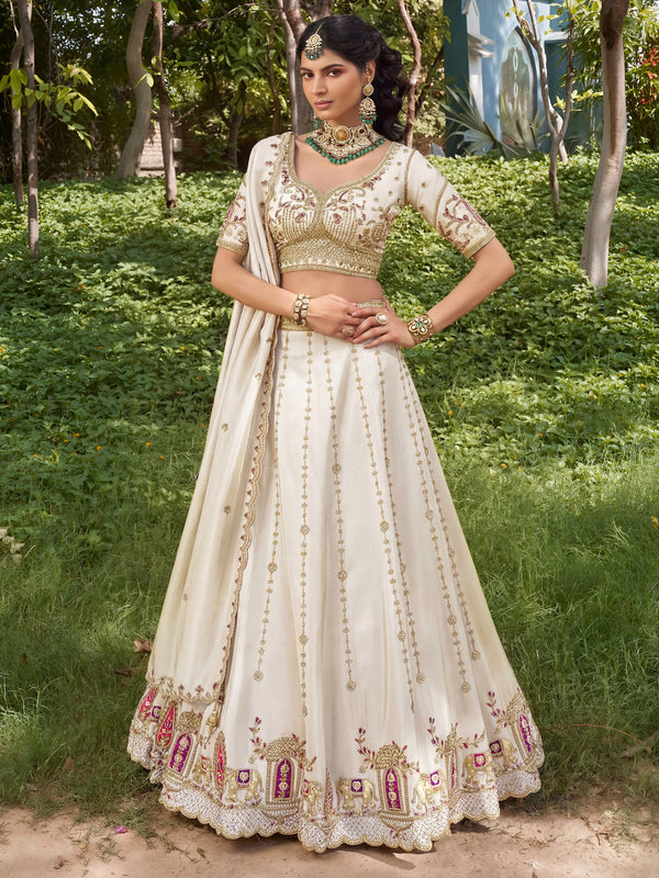 Pretty Off-White Beads Work Silk Wedding Lehenga Choli With Dupatta