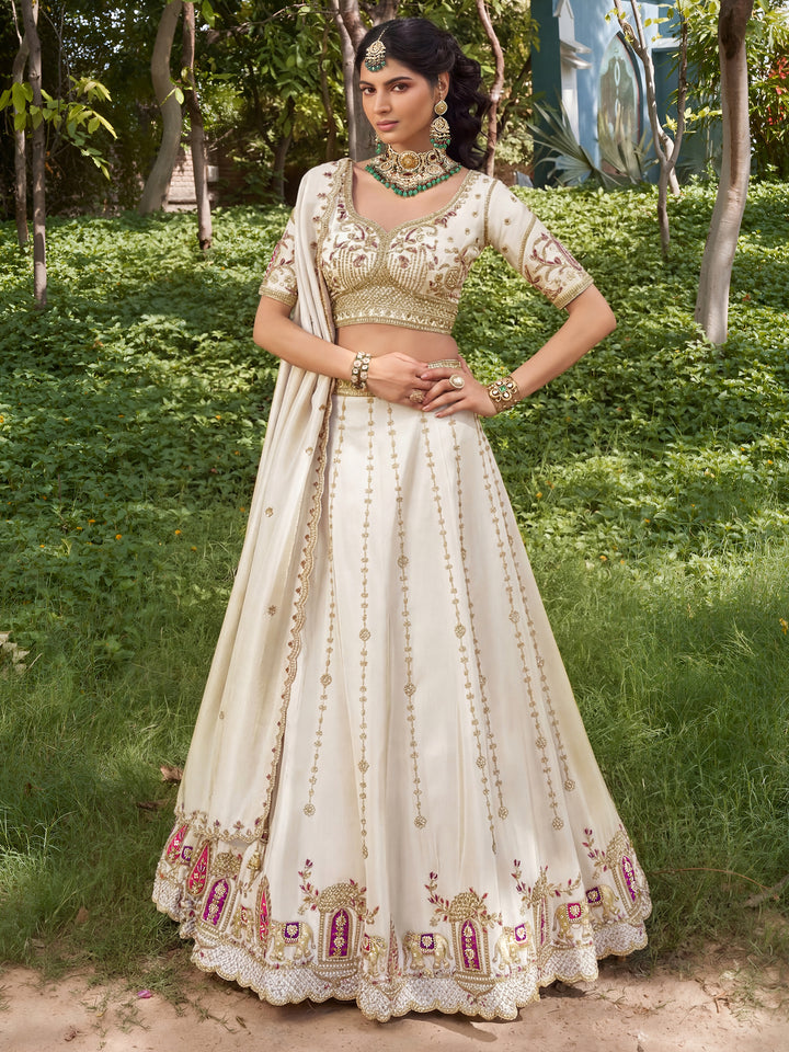 Pretty Off-White Beads Work Silk Wedding Lehenga Choli With Dupatta