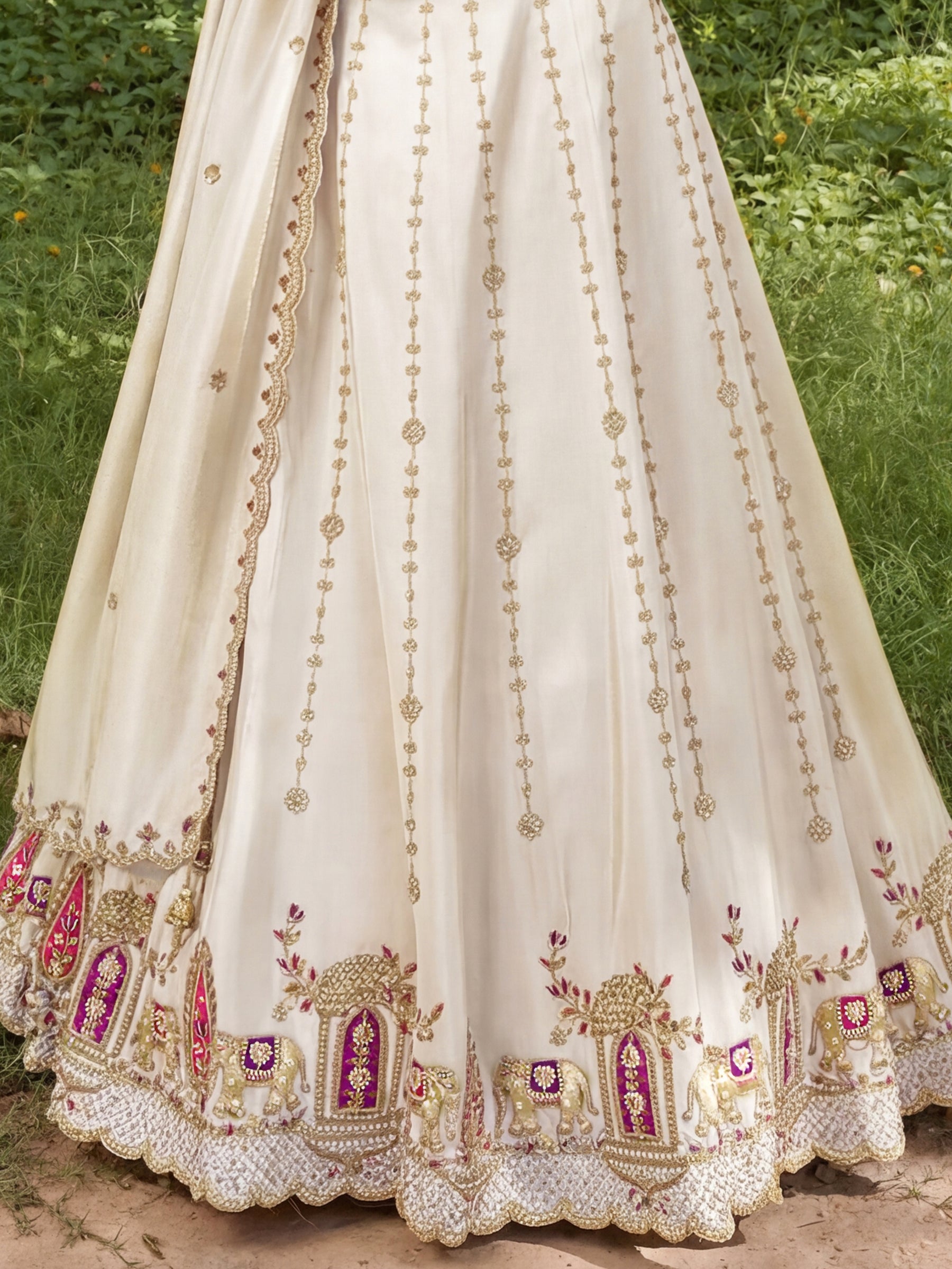 Pretty Off-White Beads Work Silk Wedding Lehenga Choli With Dupatta