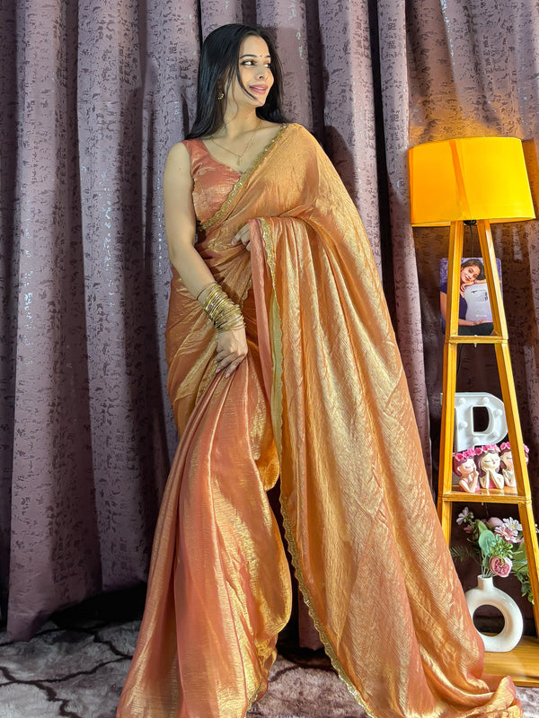 Charming Orange Silk Beads Hand Work Saree With Blouse