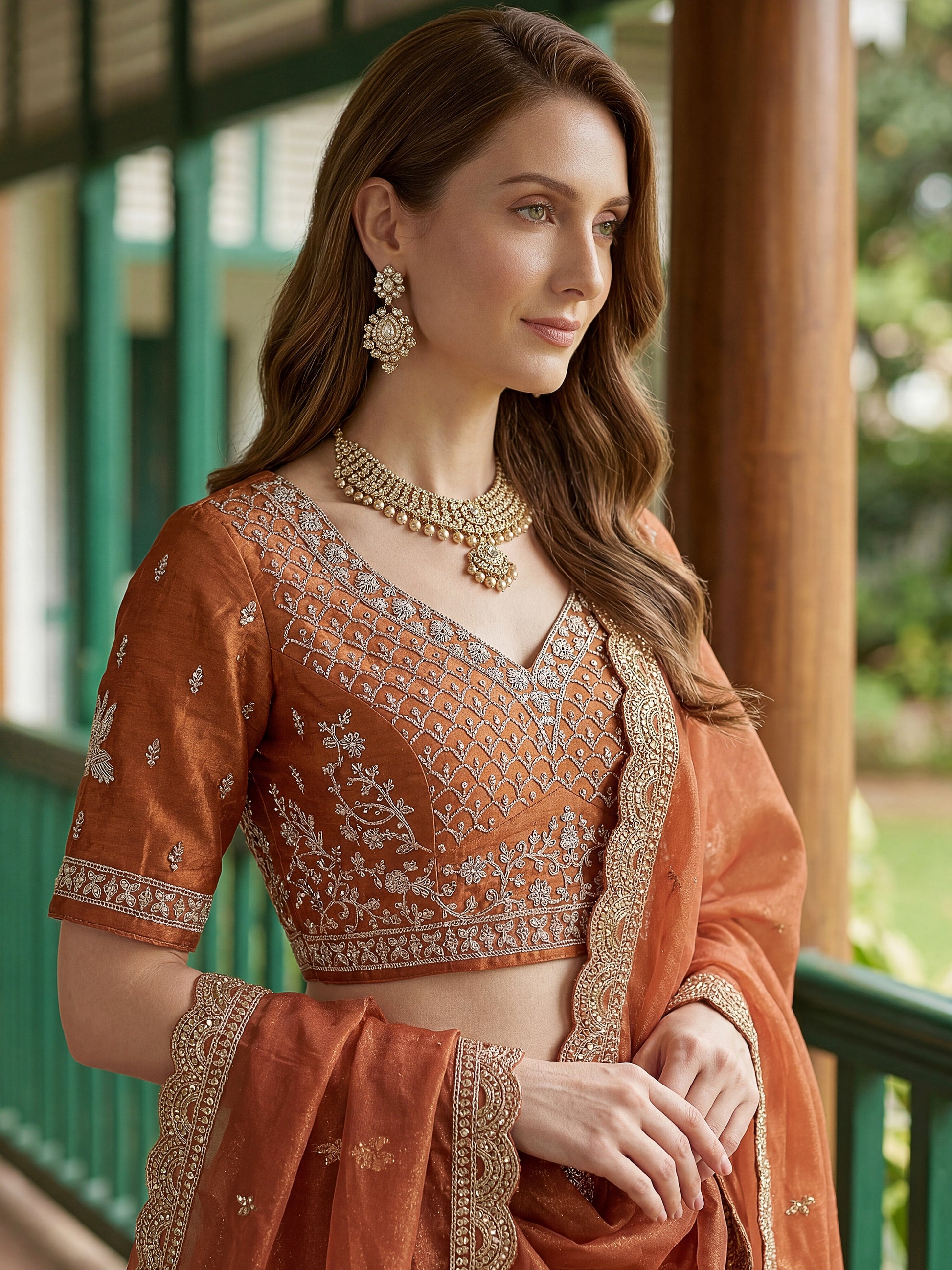 Precious Rust Orange diamond Work Organza Wedding Wear Lehenga Choli With Dupatta