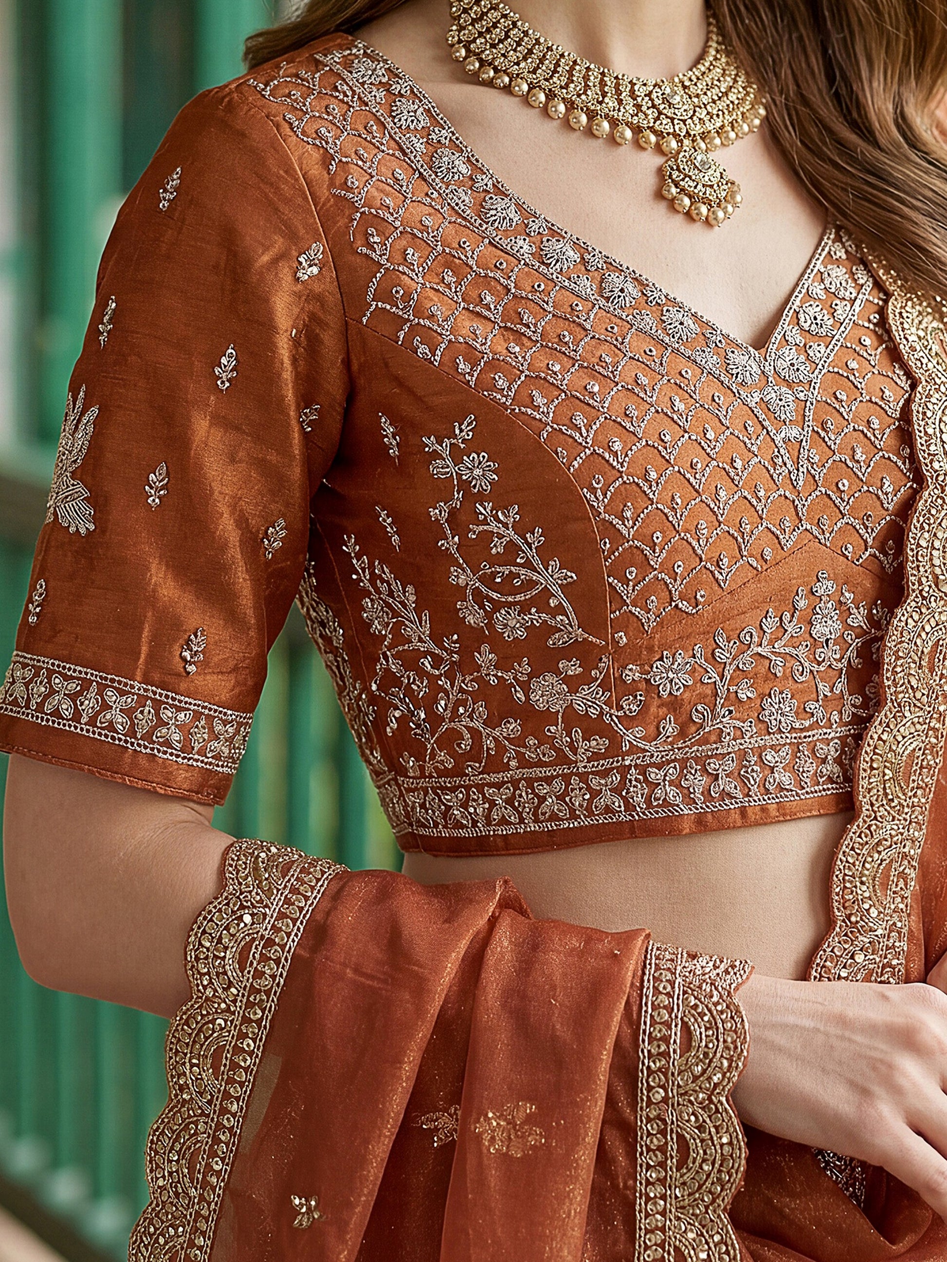 Precious Rust Orange diamond Work Organza Wedding Wear Lehenga Choli With Dupatta