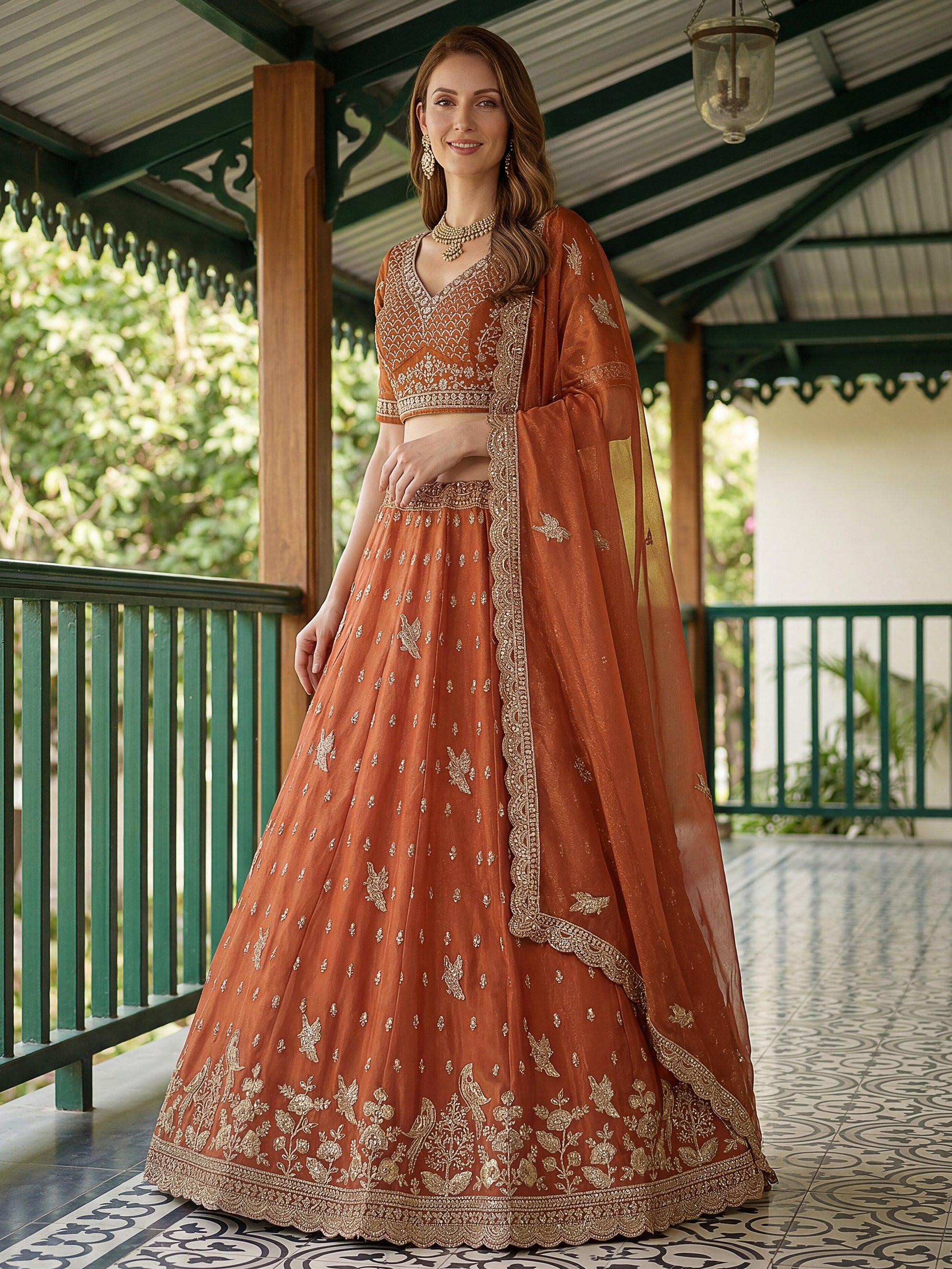 Precious Rust Orange diamond Work Organza Wedding Wear Lehenga Choli With Dupatta