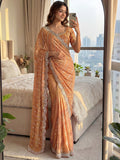 Fantastic Peach Bead Embroidery Satin Event Wear Saree With Blouse