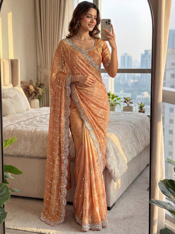 Fantastic Peach Bead Embroidery Satin Event Wear Saree With Blouse