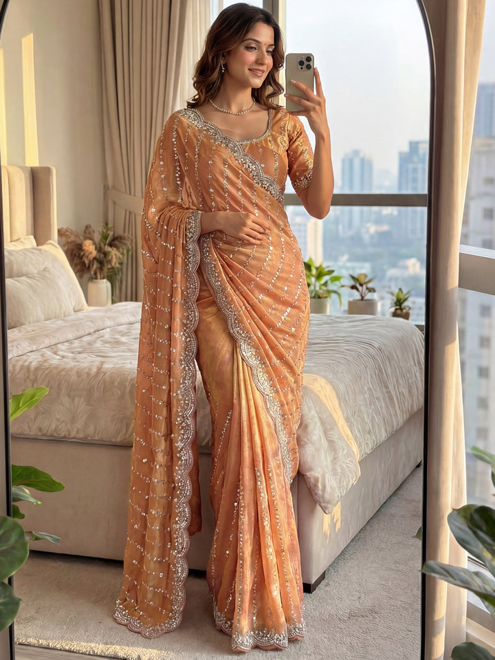 Fantastic Peach Bead Embroidery Satin Event Wear Saree With Blouse