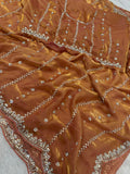 Fantastic Peach Bead Embroidery Satin Event Wear Saree With Blouse