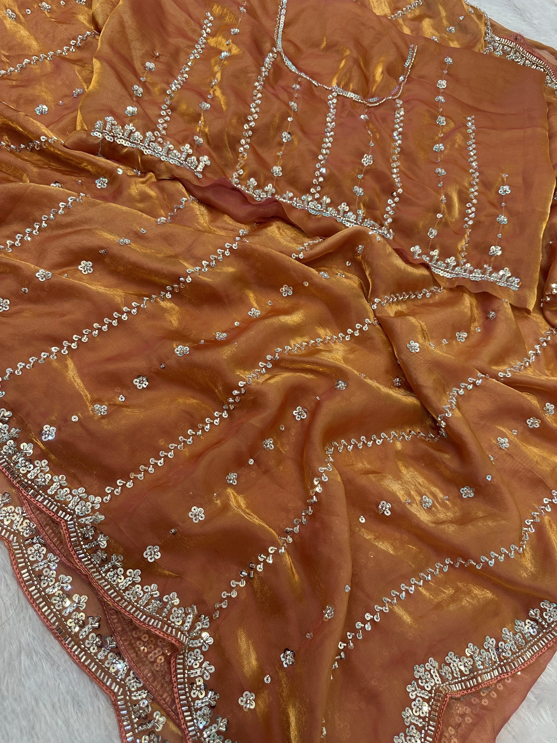Fantastic Peach Bead Embroidery Satin Event Wear Saree With Blouse