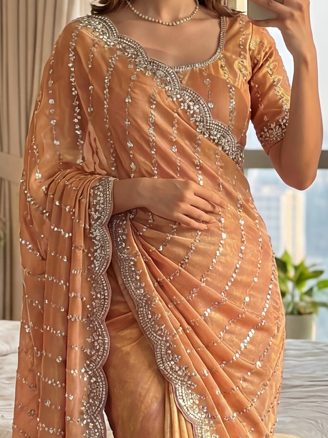 Fantastic Peach Bead Embroidery Satin Event Wear Saree With Blouse