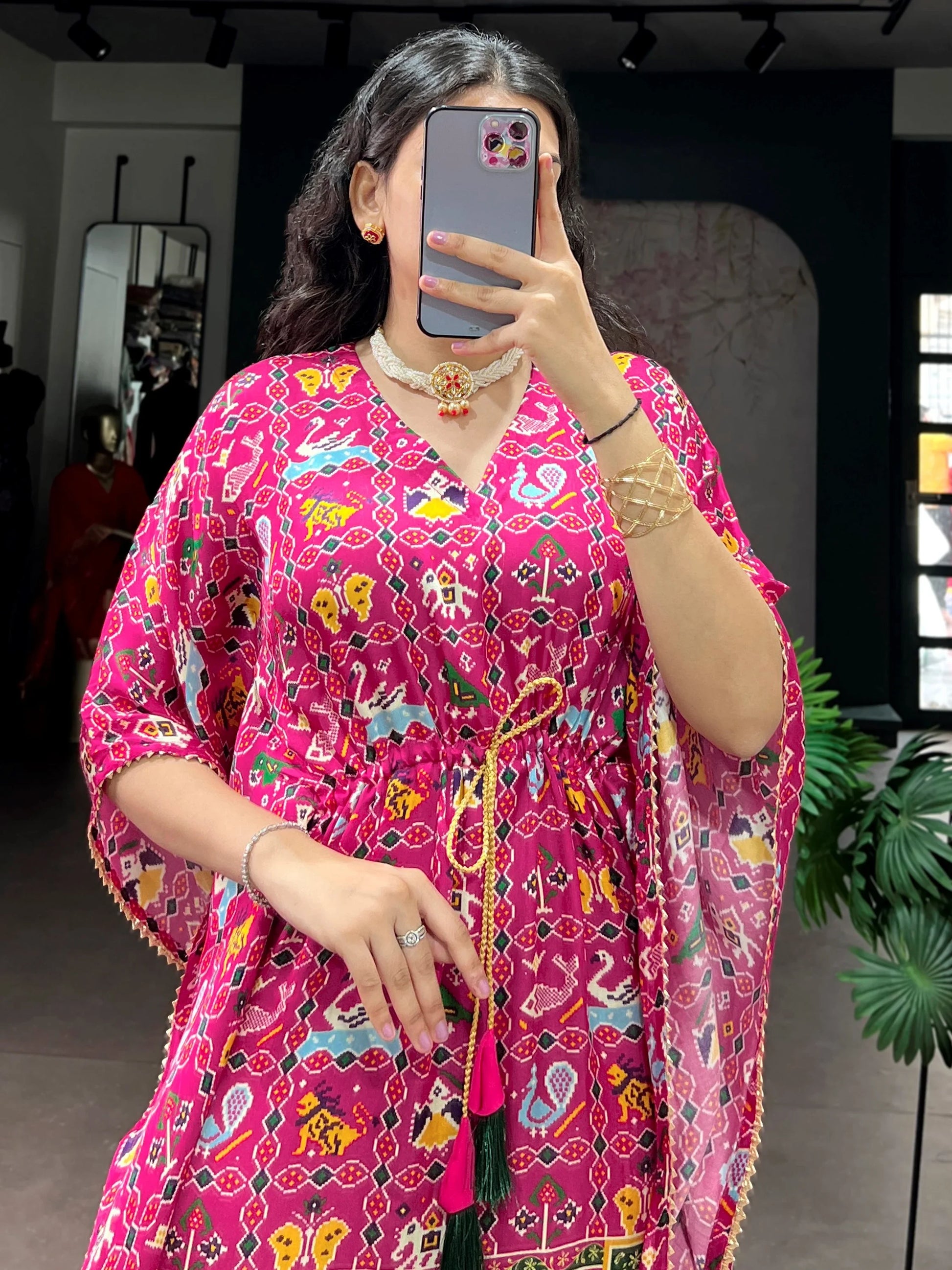 Glamorous Pink Tasseled Gaji Silk Casual Wear Kaftan