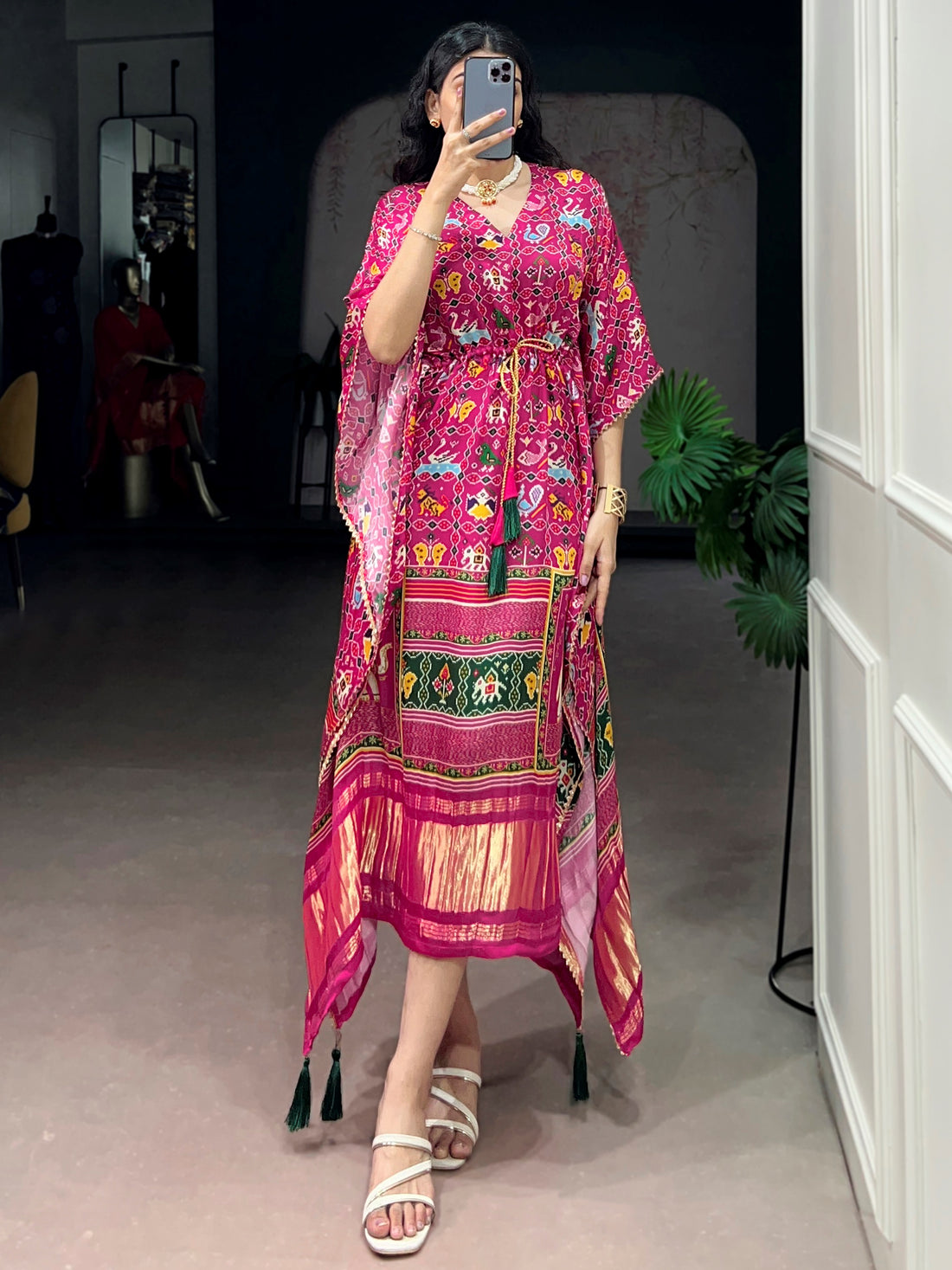 Glamorous Pink Tasseled Gaji Silk Casual Wear Kaftan