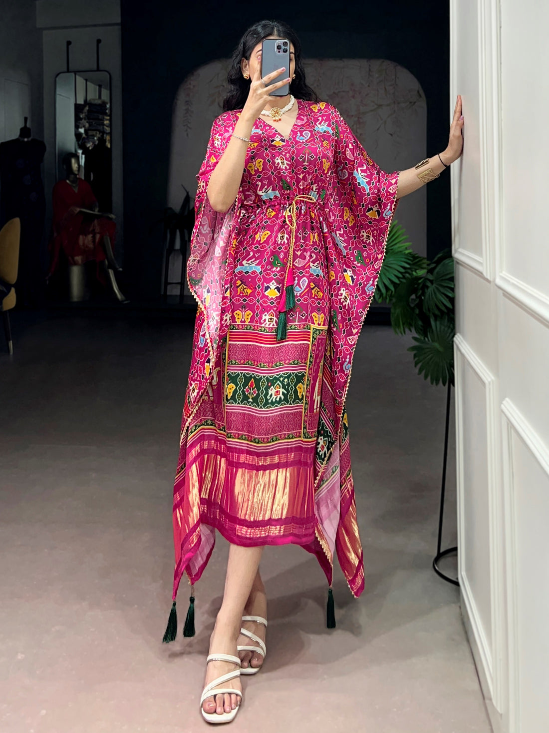 Glamorous Pink Tasseled Gaji Silk Casual Wear Kaftan