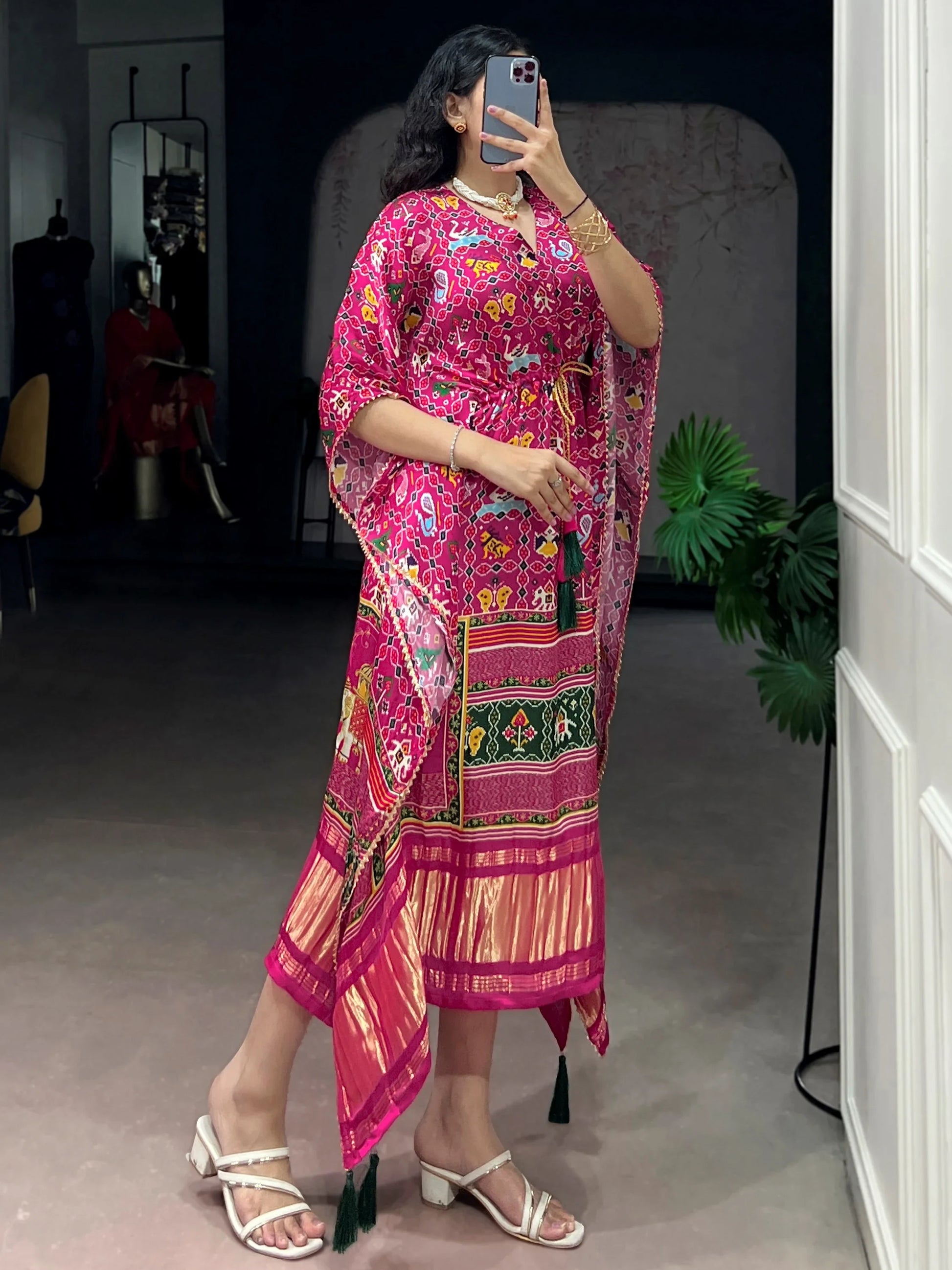 Glamorous Pink Tasseled Gaji Silk Casual Wear Kaftan
