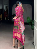 Glamorous Pink Tasseled Gaji Silk Casual Wear Kaftan