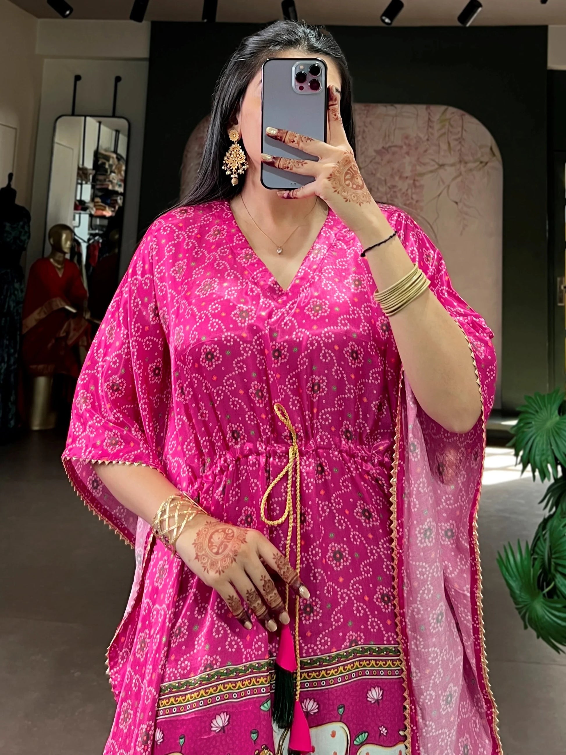 Glowing Pink Tasseled Gaji Silk Function Wear Kaftan