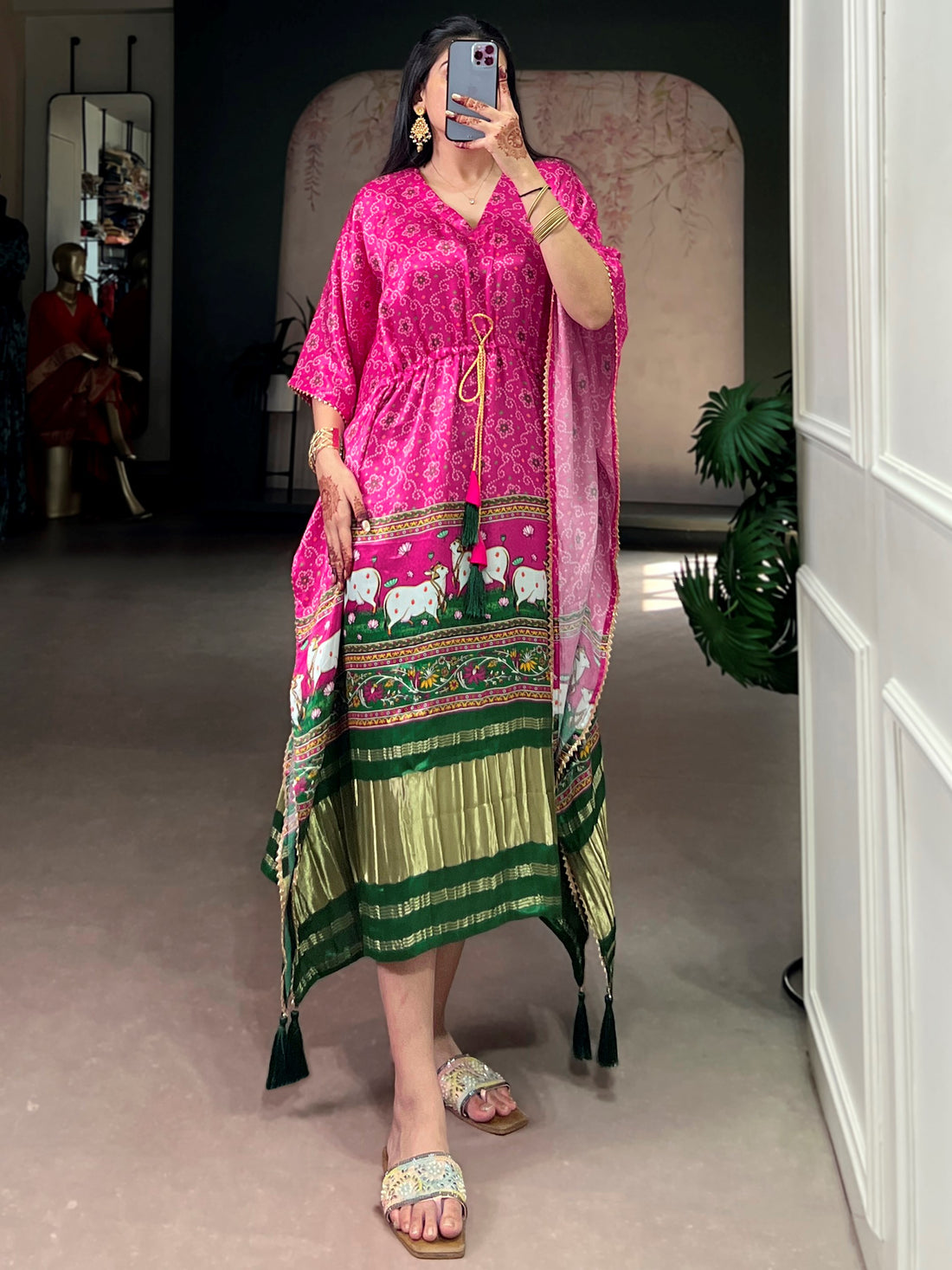 Glowing Pink Tasseled Gaji Silk Function Wear Kaftan
