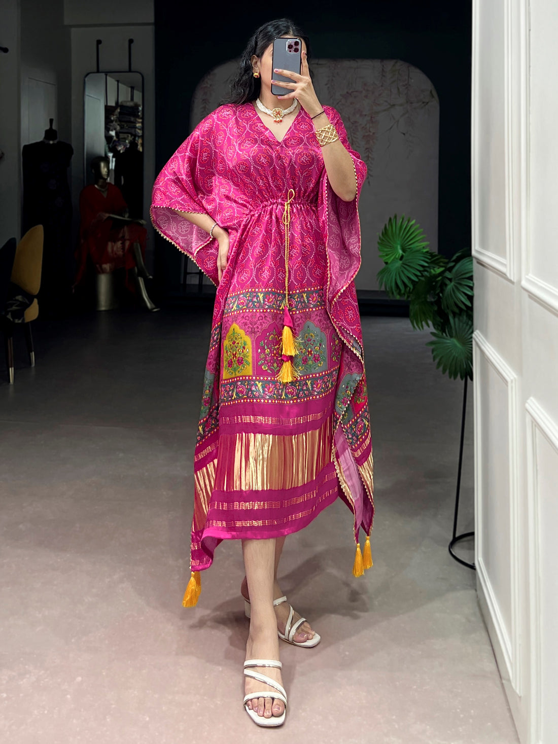 Graceful Rani Pink Gota Patti Gaji Silk Daily Wear Kaftan