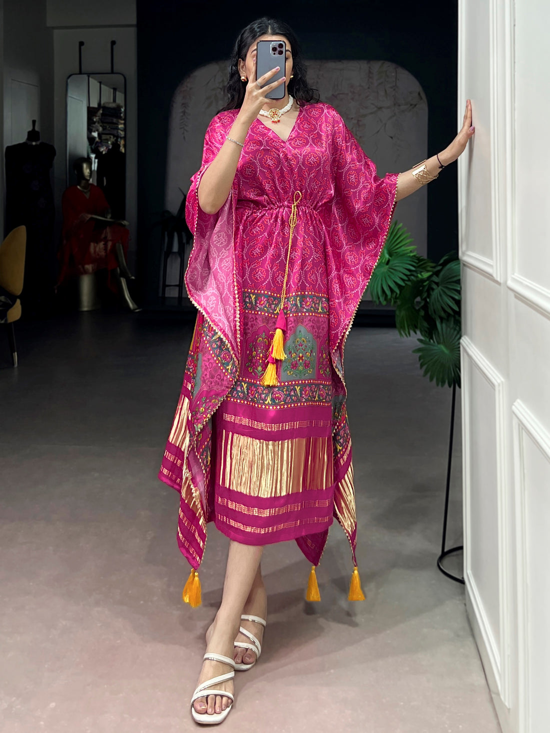 Graceful Rani Pink Gota Patti Gaji Silk Daily Wear Kaftan