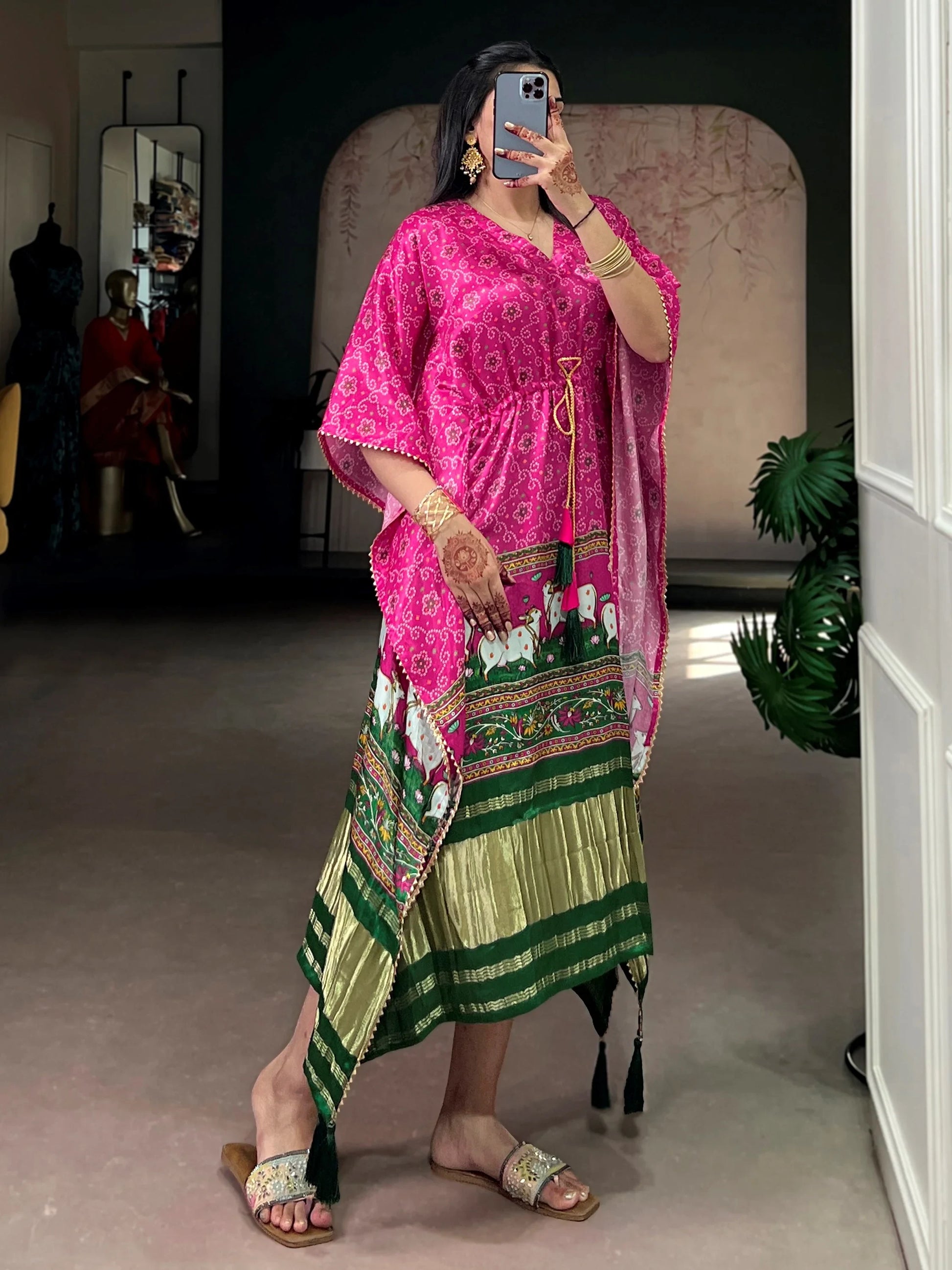 Glowing Pink Tasseled Gaji Silk Function Wear Kaftan