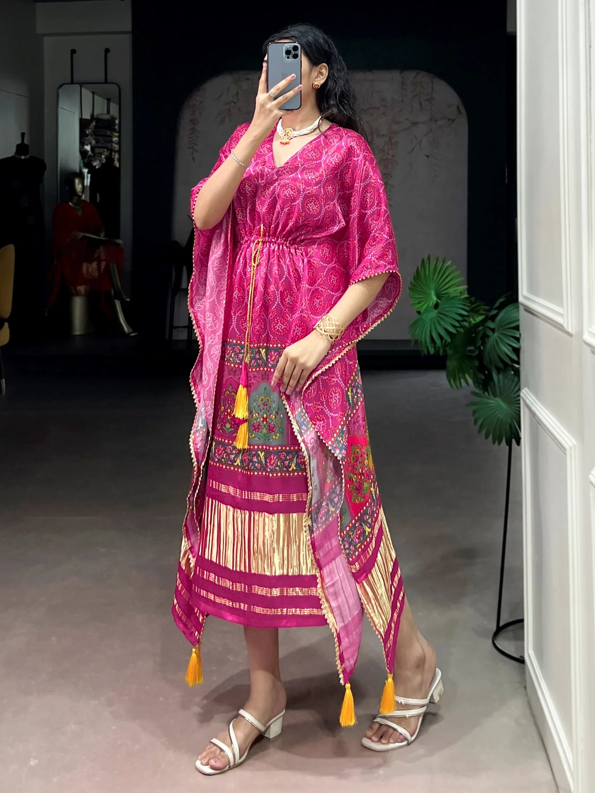 Graceful Rani Pink Gota Patti Gaji Silk Daily Wear Kaftan