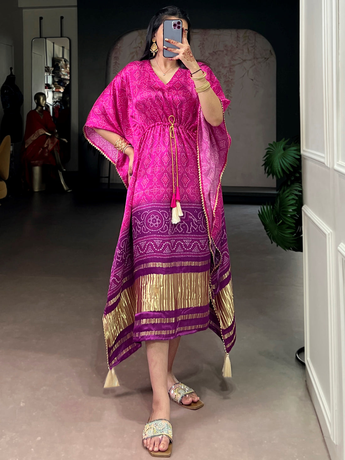 Awesome Hot Pink Gotta Patti Gaji Silk Fervent Wear Kaftan