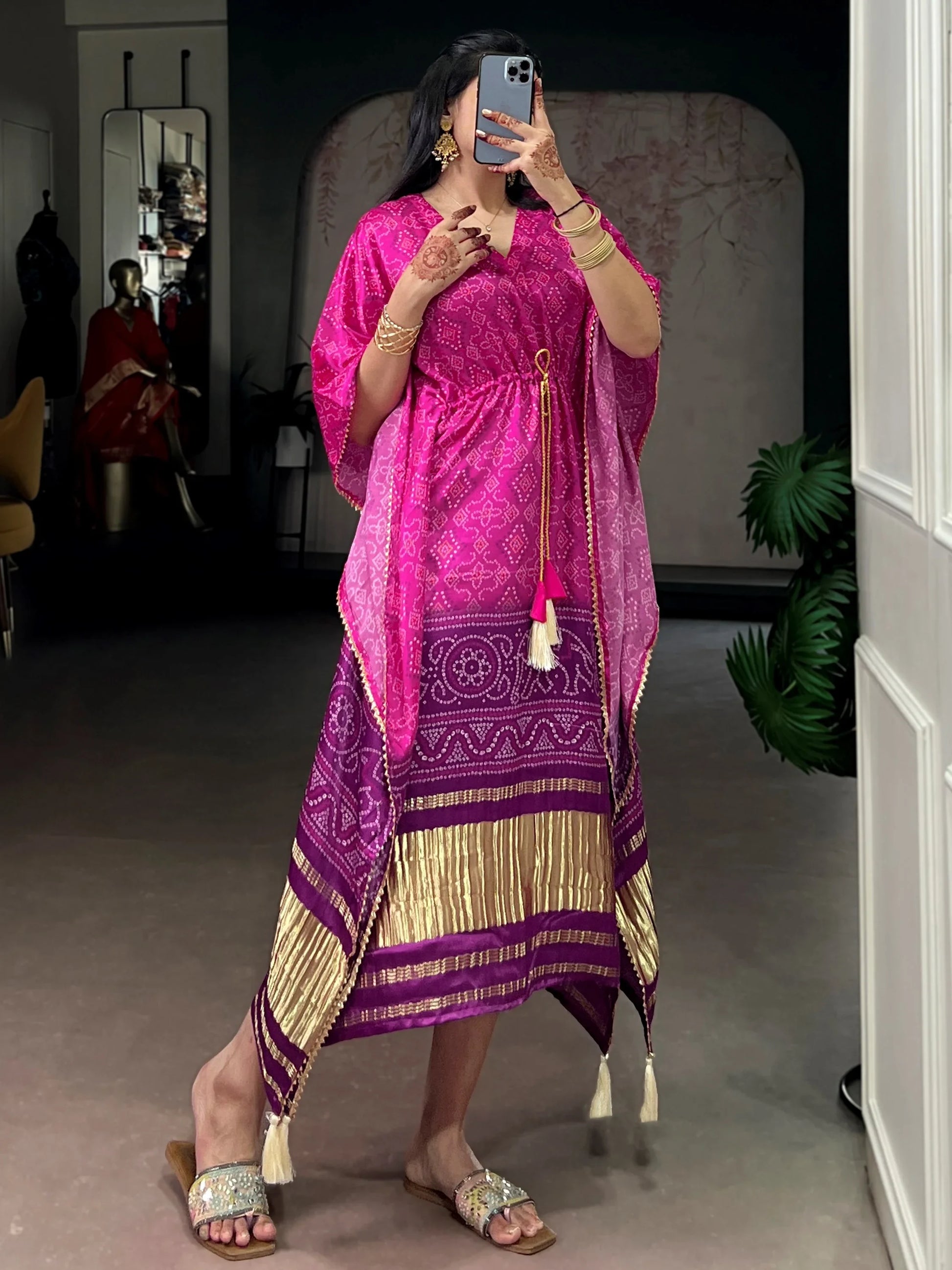 Awesome Hot Pink Gotta Patti Gaji Silk Fervent Wear Kaftan
