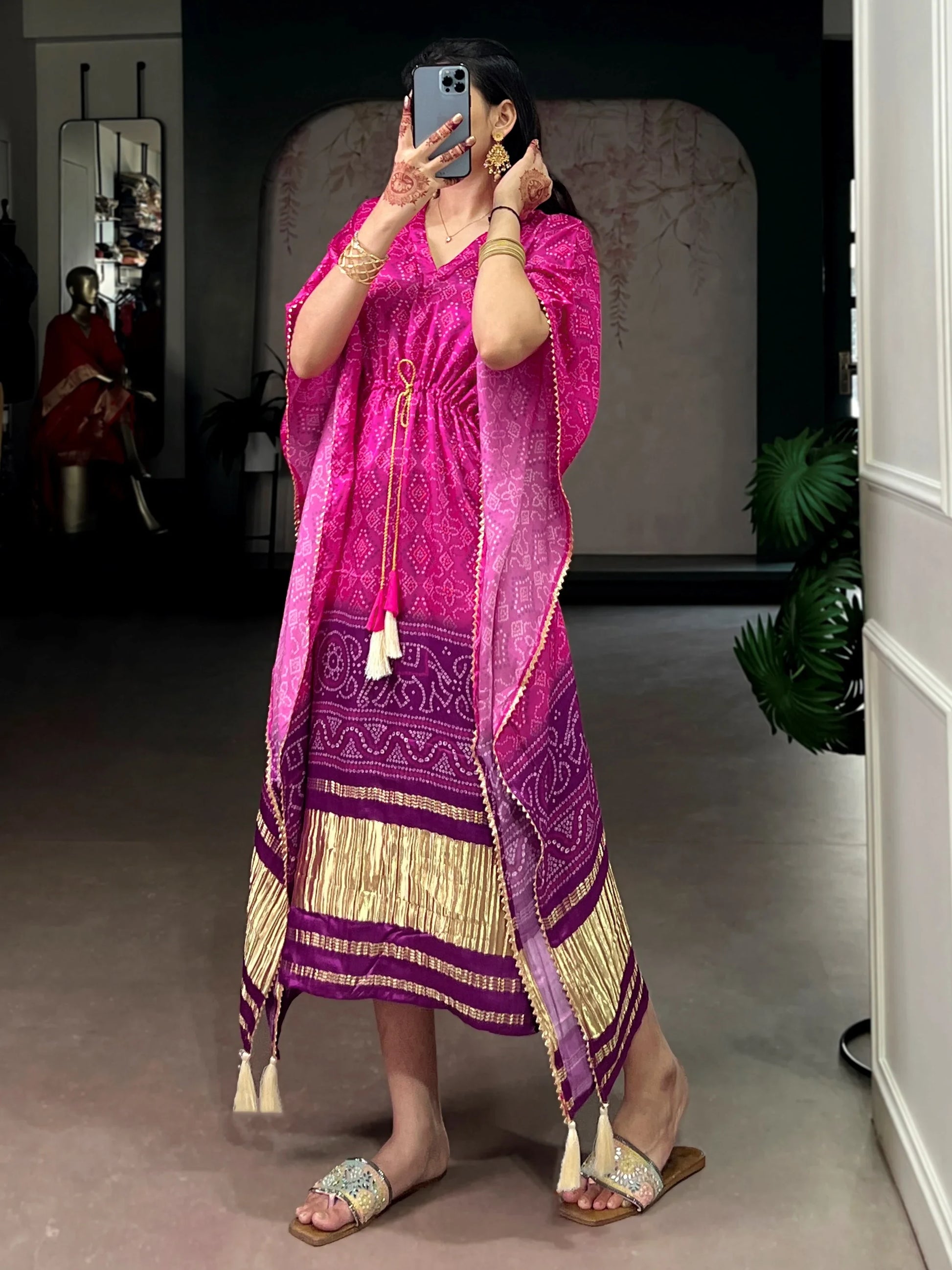 Awesome Hot Pink Gotta Patti Gaji Silk Fervent Wear Kaftan