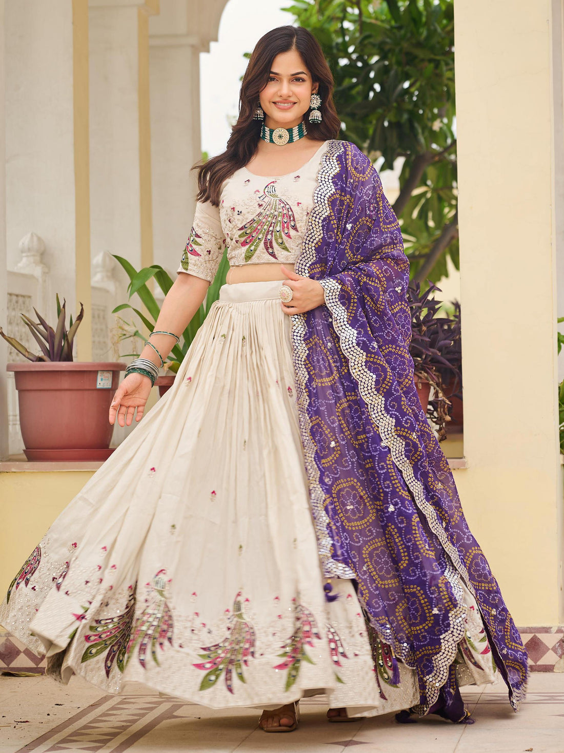 Magnificent Off-White Embroidered Tissue Silk Festive Wear Lehenga Choli With Purple Dupatta