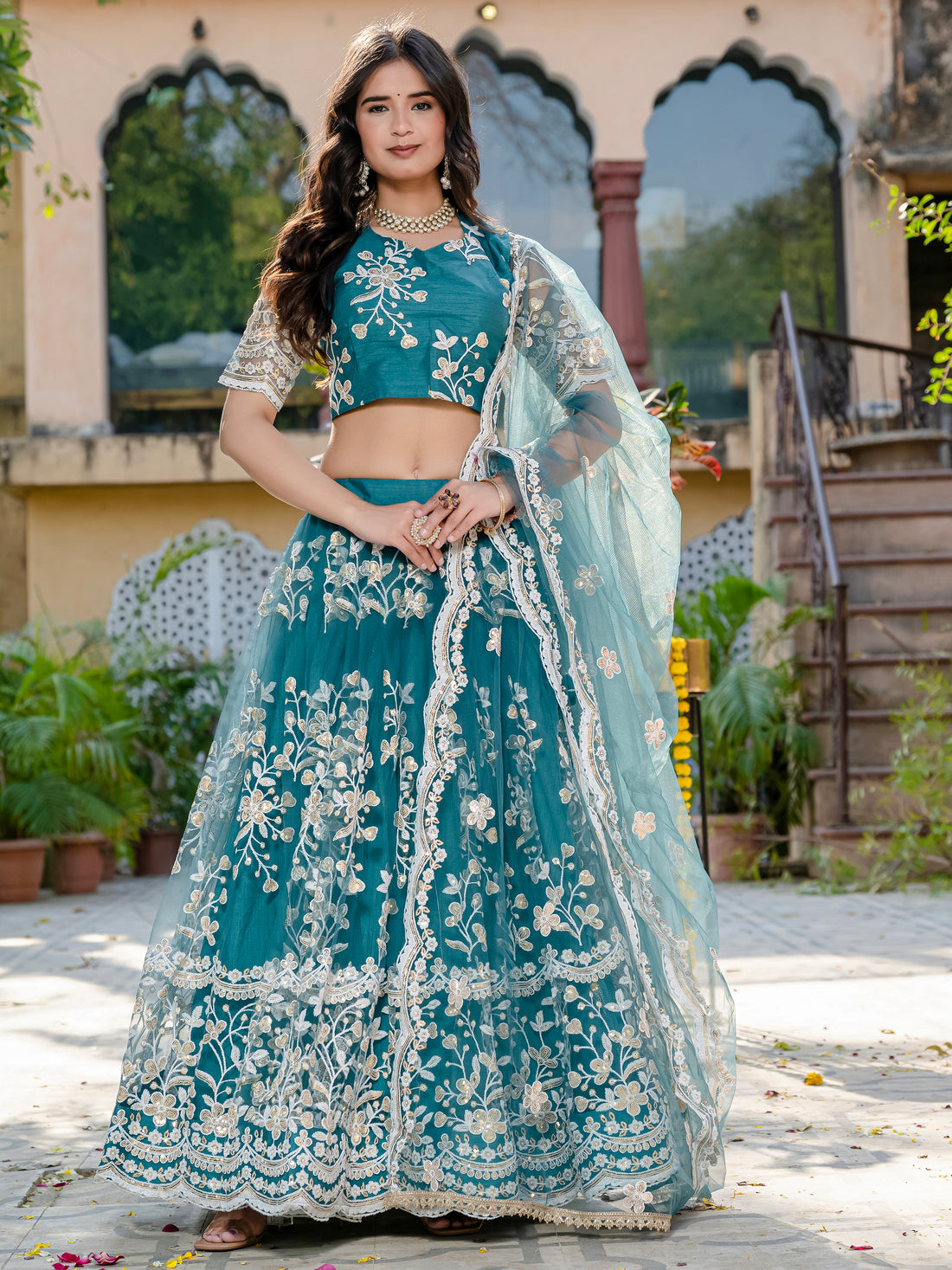 Beautiful Teal Blue Thread Embroidered Net Designer Lehenga Choli