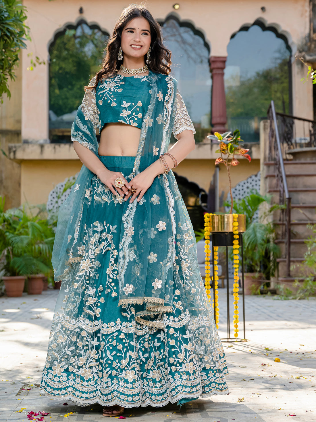 Beautiful Teal Blue Thread Embroidered Net Designer Lehenga Choli
