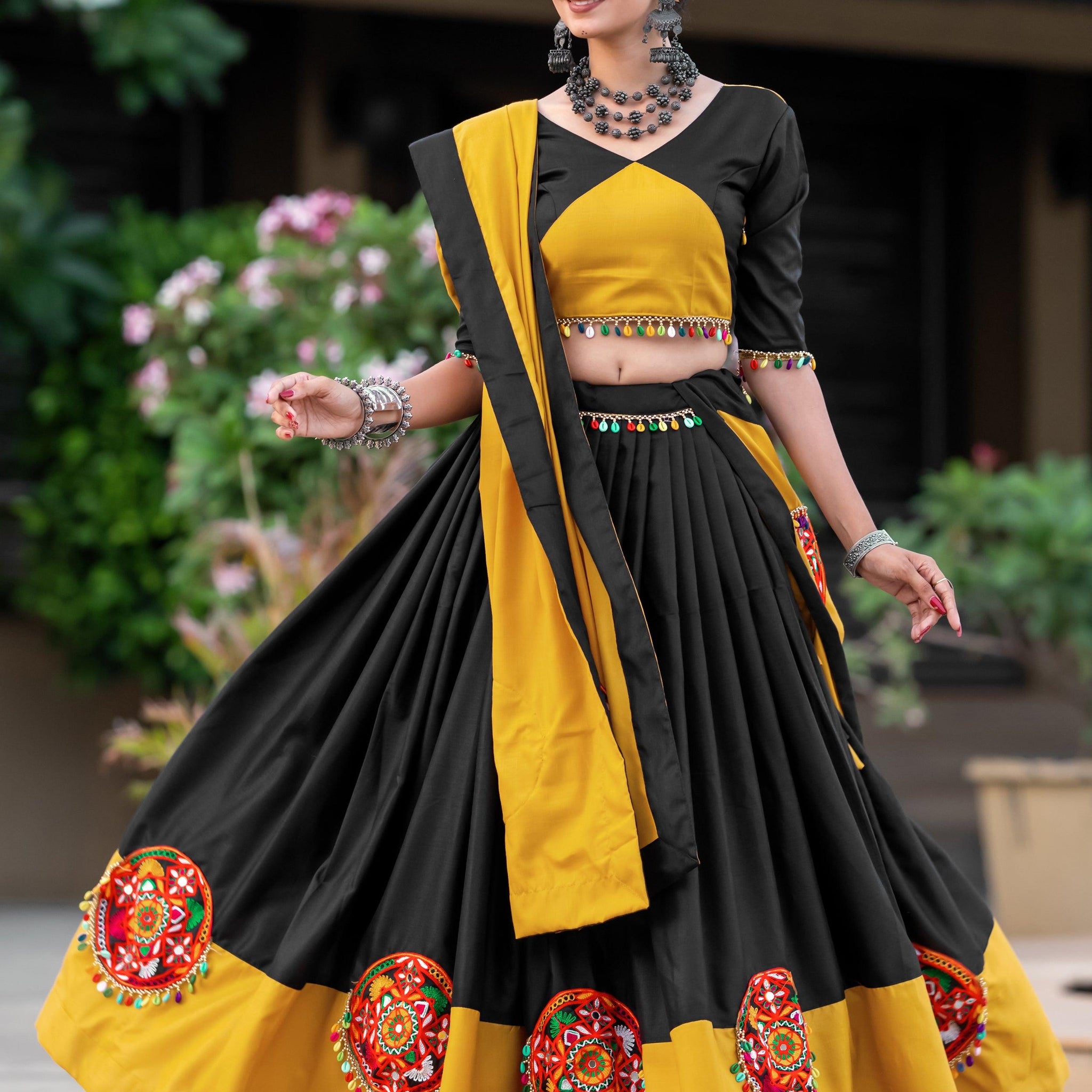 Fabulous Black & Yellow Gamthi Work Cotton Navratri Lehenga Choli