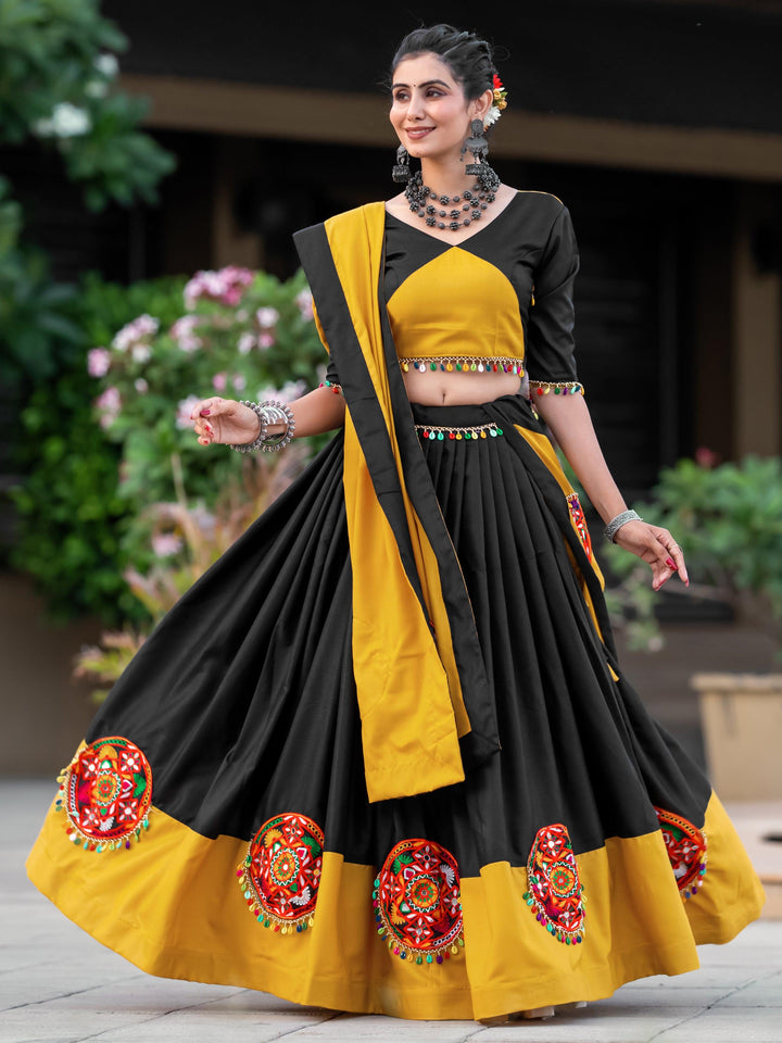 Fabulous Black & Yellow Gamthi Work Cotton Navratri Lehenga Choli