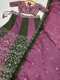 Terrific Green And Purple Embroidered Chinon Marriage Wear Lehenga Choli