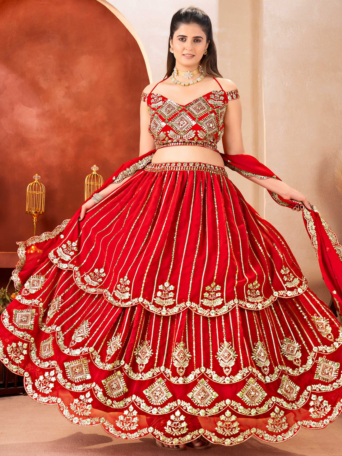 Lovely Red Zari Embroidery Georgette Wedding Wear Lehenga With Dupatta