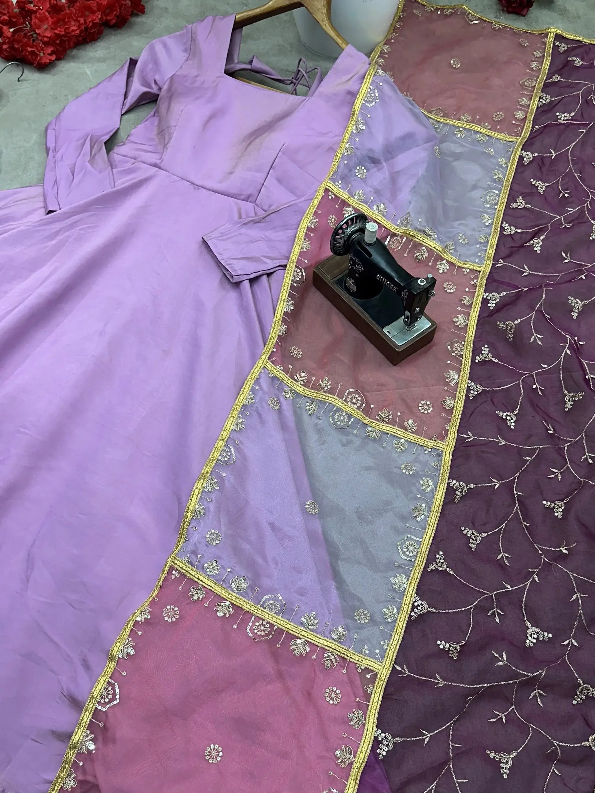 Spectacular Lavender Silk Evening Wear Palazzo Suit With Embroidered Dupatta