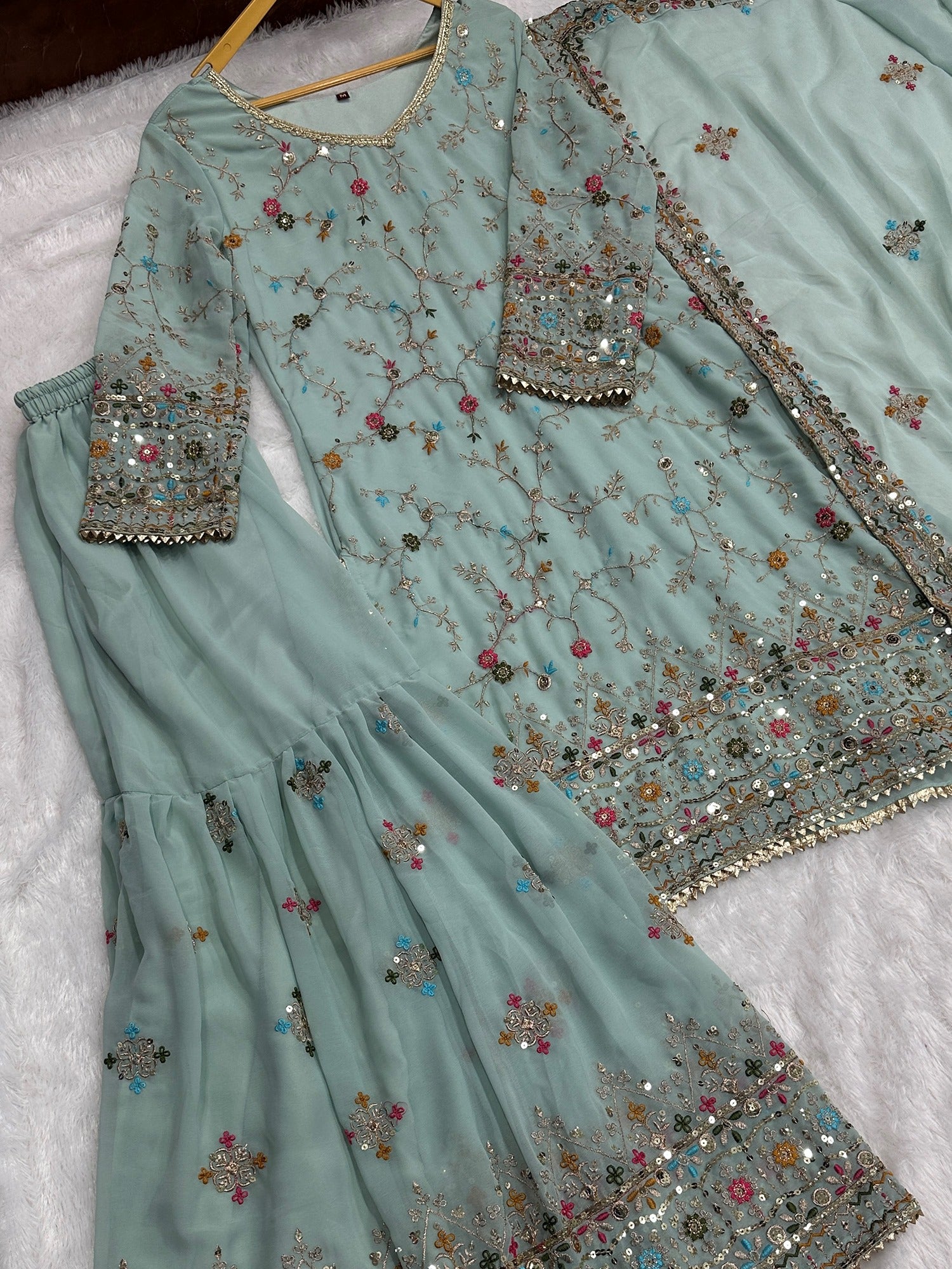 Phenomenal Blue Zari Embroidered Georgette Festive Wear Sharara Suit