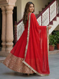 Grand Red Coding Embroidered Georgette Wedding Wear Gown With Dupatta